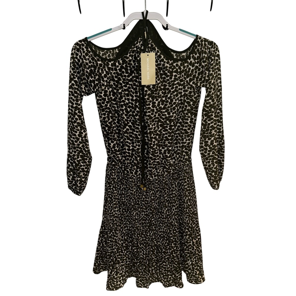 Michael Michael Kors Cold Shoulder Dress Olive Green White Animal Print XS NEW
